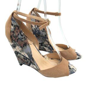 June Ambrose Wedge Sandal Suede Ankle Strap Geometric Beige Blue 7.5